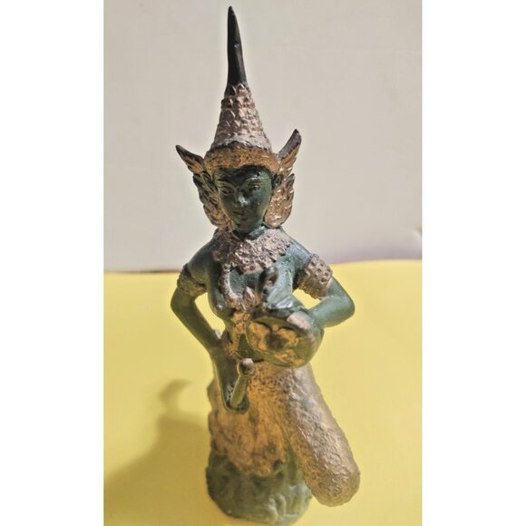Thailand Buddhism bronze gilt musician figurine/statue 7 3/4" Tall - Picture 9 of 11